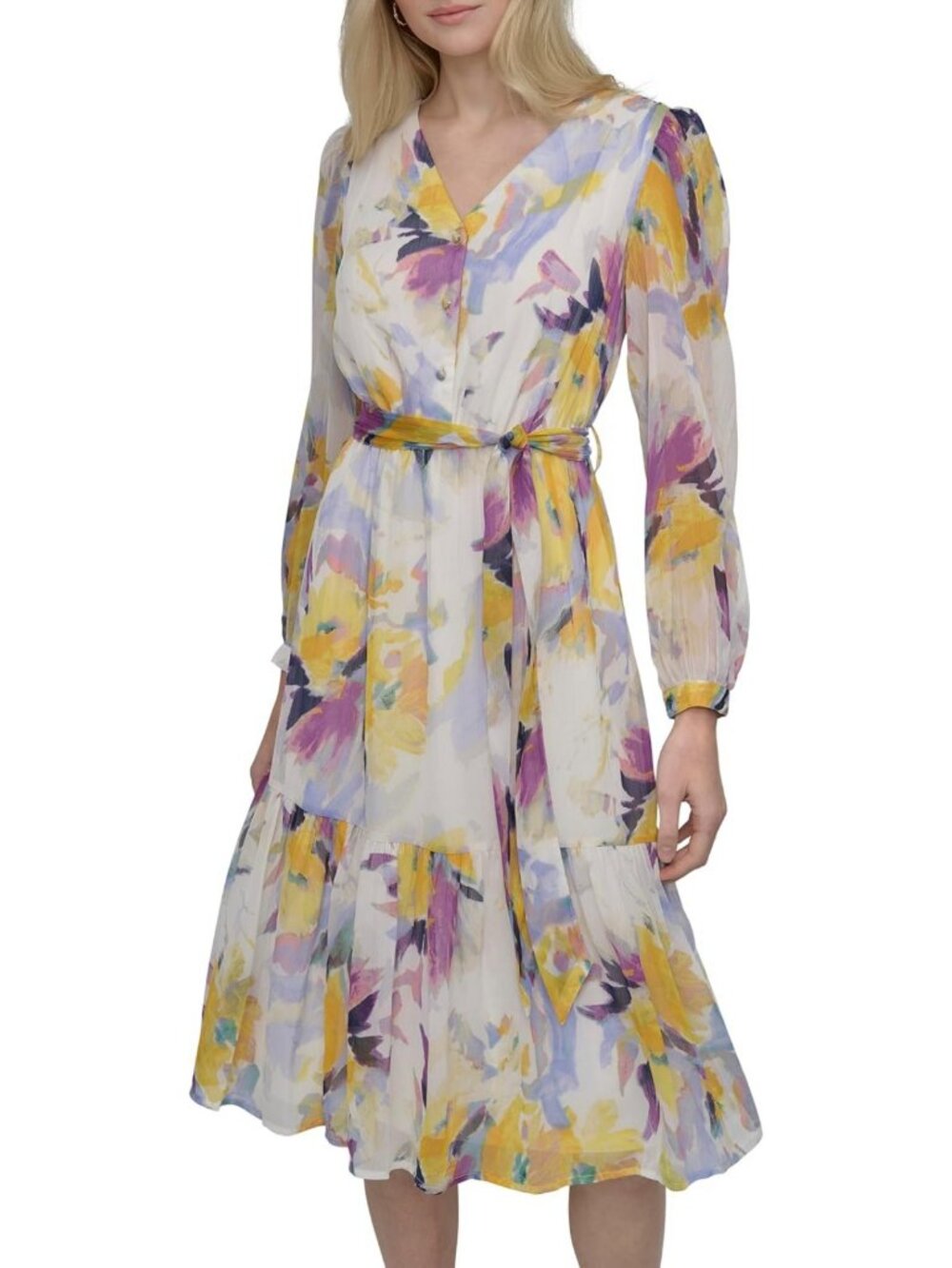 Chic Long Sleeve V-Neck Tie Waist Midi Dress for Women - Perfect for Any